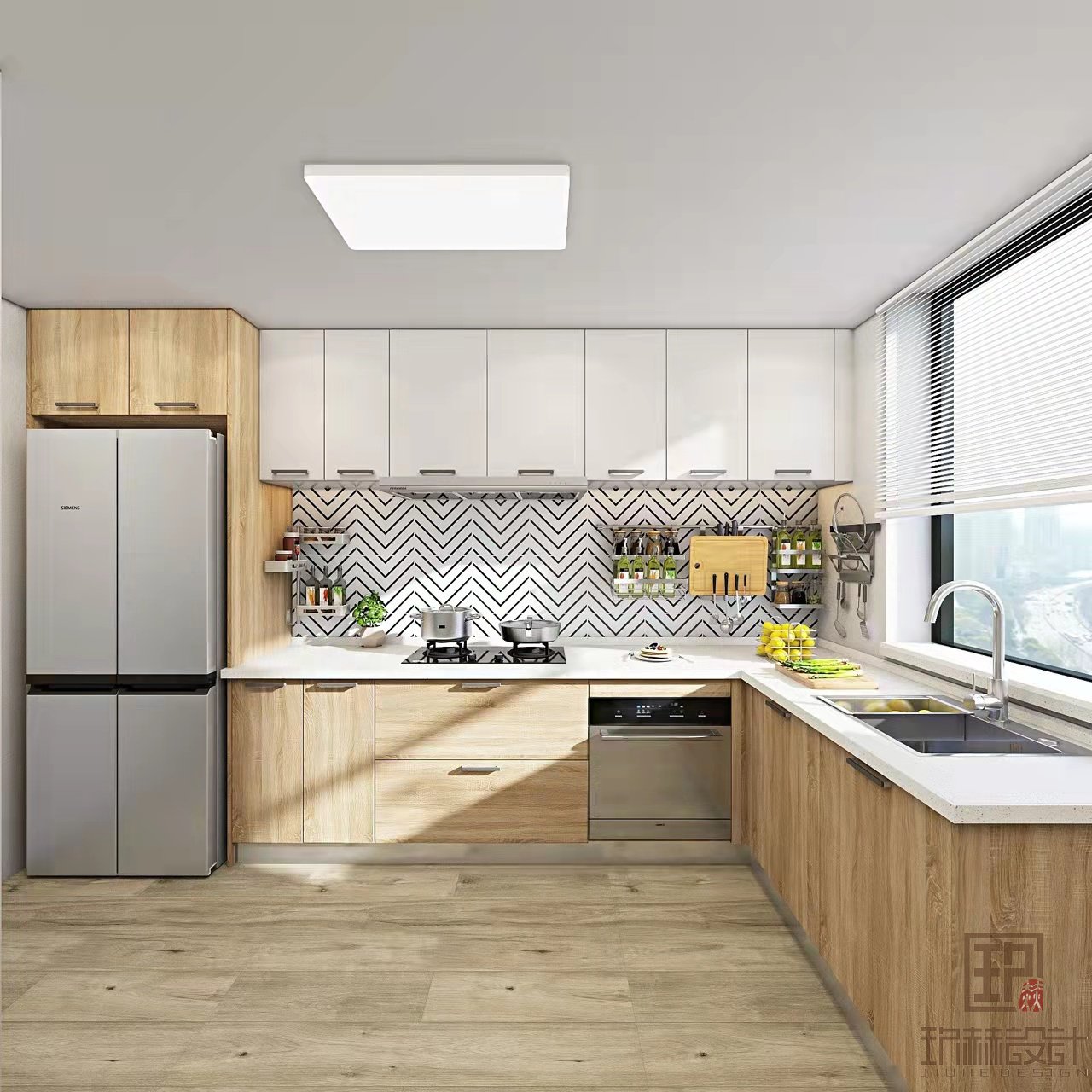 原木风L型开放式厨房装修设计，收纳效果绝绝子