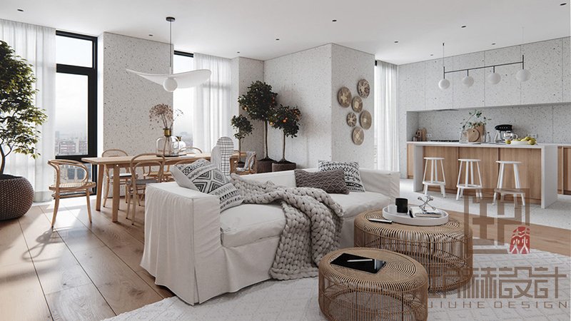北京100平家居装修，水磨石+藤编的设计，展现出唯美舒适空间质